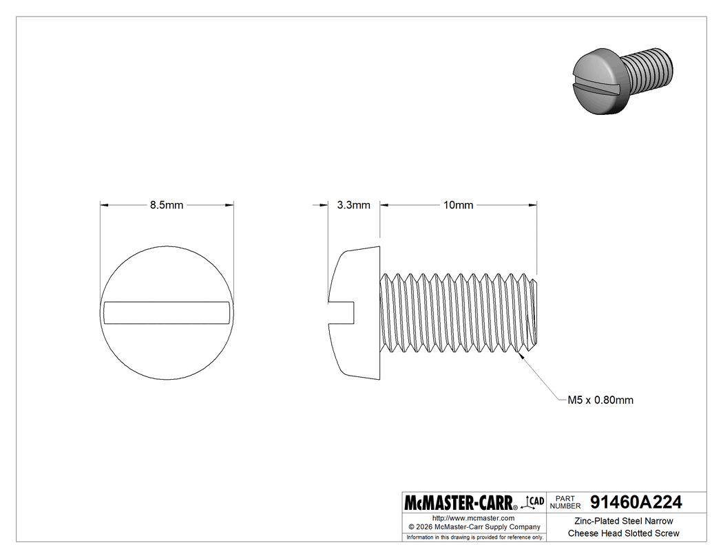 Technical Drawing of Zinc-Plated Steel Narrow Cheese Head Slotted Screw, M5 x 0.8 mm Thread, 10 mm Long, 8.5 mm Head Diameter.
